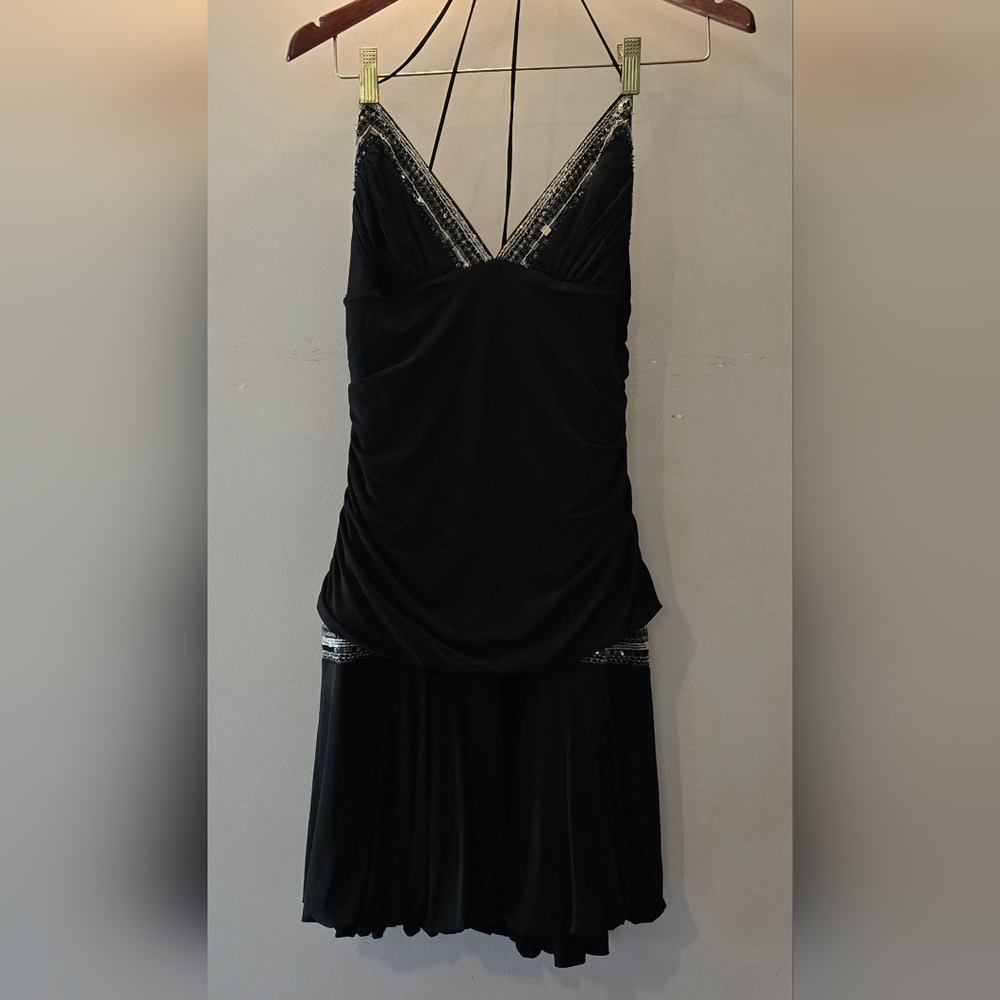 BCBG Max Azria Vintage Little Black Sequined Spagetti Strap Bubble Dress